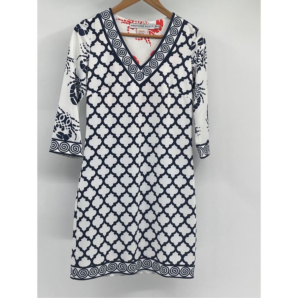 Gretchen Scott Dress‎ Women Size XS White Blue V Neck 3/4 Sleeve Geometric